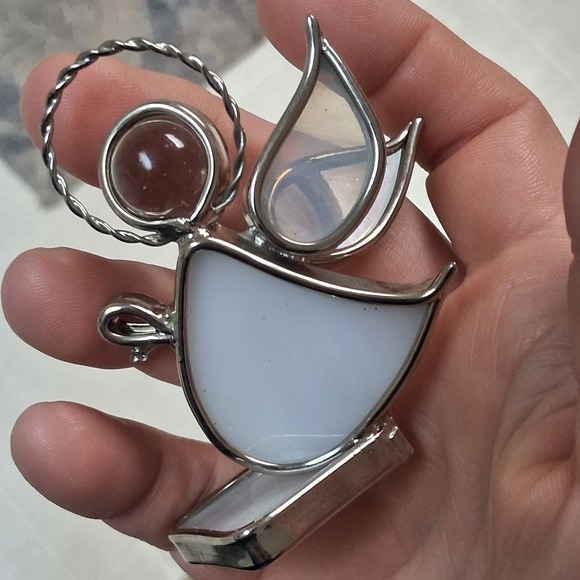 VTG Signed Stained Glass Angel Christmas Figurine 2000 Iridescent Halo Cross Art - Picture 6 of 13